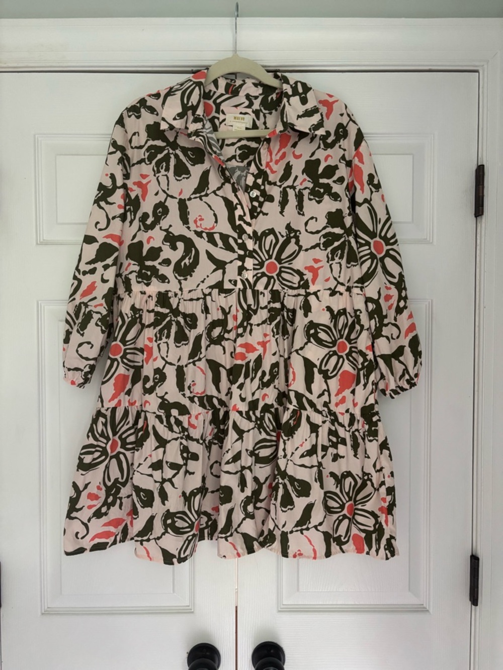 Maeve Floral Tiered Shirt Dress in Light Pink, Olive & Coral